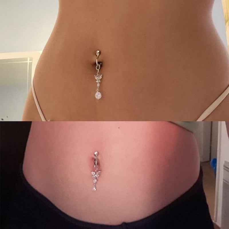 QWALIT Fake Belly Ring Fake Belly Piercing Fake Belly Button Ring Fake Belly Button Piercing Clip on Belly Button Rings Butterfly Heart Silver Gold - Image 2